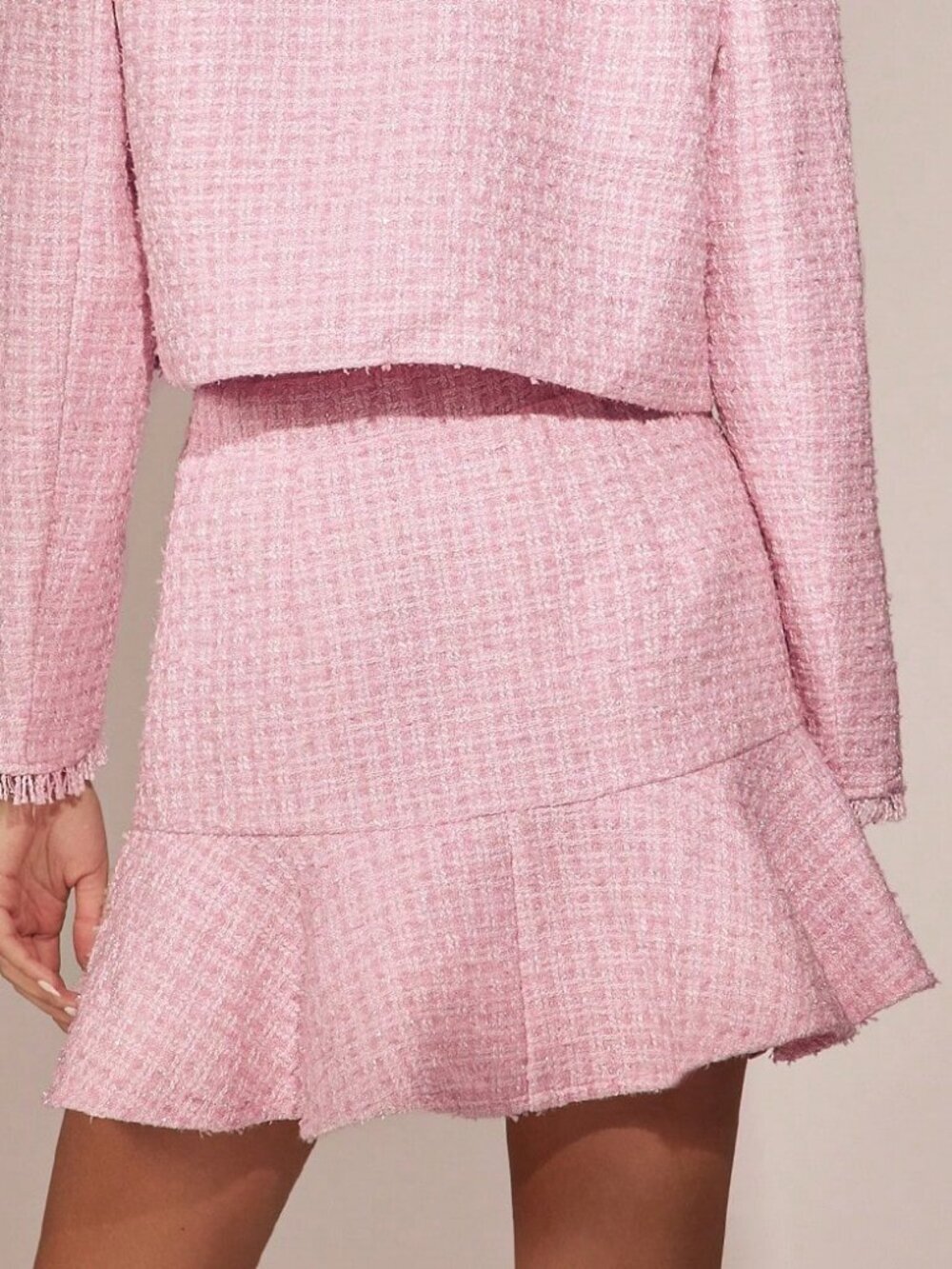 Pink Romantic Women's Pearl Buttons, Ruffle Hem tweed Mini Skirt , - Picture 3 of 7